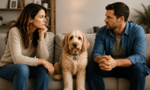 Dog sitting between couple during a separation